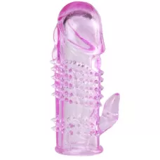 Розовая  гелевая насадка с клиторальным отростком - 13,5 см розовый  Розовая  гелевая насадка с клиторальным отростком - 13,5 см розовый