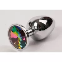 Серебряная металлическая анальная пробка с радужным стразиком - 9,5 см разноцветный 