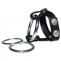 Подхват для мошонки с 3 съемными эрекционными кольцами Leder-Riemen черный с серебристым 