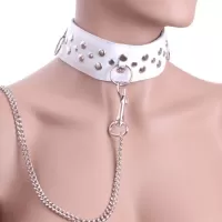 Белый ошейник из кожи с цепочкой-поводком белый 
