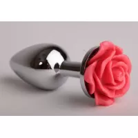 Серебристая анальная пробка с красной розочкой - 9,5 см красный 