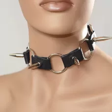 Чёрный кожаный ошейник с длинными шипами черный 
