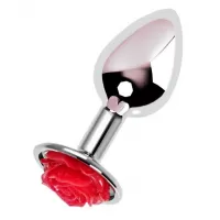 Серебристая анальная втулка с красной розочкой - 8 см красный 