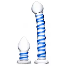 Набор из 2 стеклянных игрушек с синей спиралью Swirly Dildo   Buttplug Set прозрачный 