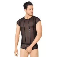 Соблазнительный костюм-сетка в тонкую полоску из wet-look материала черный M-L