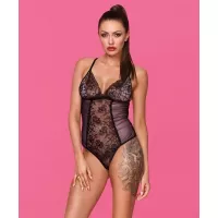 Очаровательное боди-стринг из гипюра с цветочным рисунком черный L-XL
