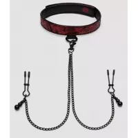 Ошейник с зажимами для сосков Reversible Collar Nipple Clamps красный с черным 
