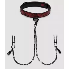 Ошейник с зажимами для сосков Reversible Collar Nipple Clamps красный с черным 