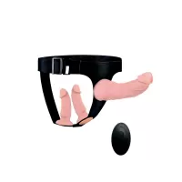 Женский страпон с 3 насадками и вибрацией телесный с черным 