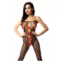 Роскошный кэтсьюит с интимным доступом и бантиками черный с красным XS-XL