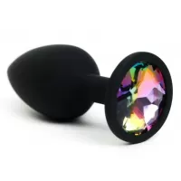 Черная анальная пробочка с радужным стразом - 7,6 см разноцветный 