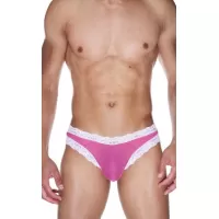 Мужские трусы-бразилиана с отделкой края кружевом розовый с белым L-XL