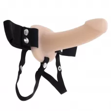 Телесный полый страпон с черными эластичными ремешками Our First Hollow Strap On телесный с черным  Телесный полый страпон с черными эластичными ремешками Our First Hollow Strap On телесный с черным