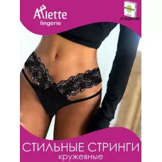 Стильные трусики-стринги с широким кружевным поясом + презервативы черный L