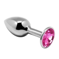 Серебристая анальная втулка Mini Metal Butt Plug Size M с розовым кристаллом розовый 