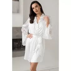 Роскошный шелковый халат Marjory с кружевом на рукавах белый L-XL