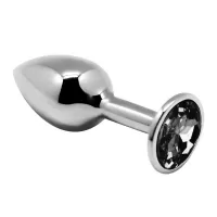 Серебристая анальная втулка с черным кристаллом Mini Metal Butt Plug Size S - 7 см серебристый с черным 