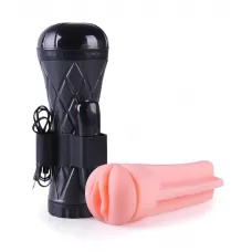 Телесный мастурбатор-вагина в черной колбе с вибрацией телесный с черным 