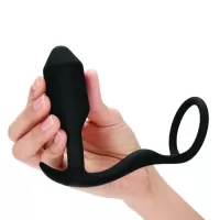 Черное эрекционное кольцо с анальным плагом Snug   Tug черный 