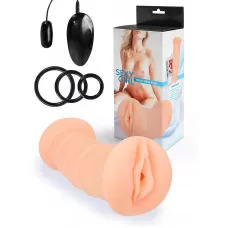 Телесный двусторонний мастурбатор с вибропулей и эрекционными кольцами в комплекте телесный 
