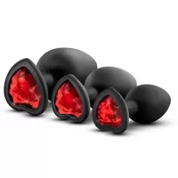 Набор черных анальных пробок с красным кристаллом-сердечком Bling Plugs Training Kit черный 