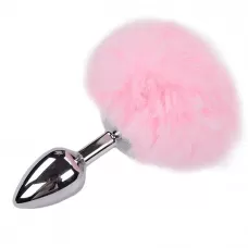 Серебристая анальная втулка с розовым хвостиком Alive Metal Anal Fluffly Plug S розовый 