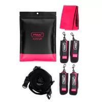 Черно-розовый эротический набор: фиксатор, оковы, наручники, повязка черный с розовым 