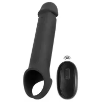 Черная вибронасадка для пениса с хомутом для мошонки и пультом ДУ Remote Controlled Penis Extension черный 