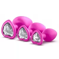 Набор розовых анальных пробок с прозрачным кристаллом-сердечком Bling Plugs Training Kit розовый 
