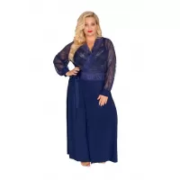 Роскошный пеньюар plus size в пол с кружевным верхом темно-синий 6X