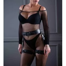 Кожаный пояс с гартерами Sex Game черный S-M