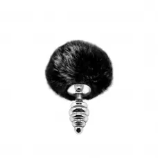 Серебристая анальная пробка с черным хвостиком Metal Anal Fluffly Twist Plug S серебристый с черным 
