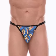 Синие мужские трусы-тонги с разноцветным принтом синий L