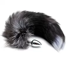 Серебристая анальная пробка с темным лисьим хвостом Black   White Fox Tail Size S серебристый с черным 