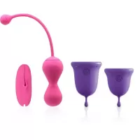 Подарочный набор: розовый тренажер Кегеля MAGIC KEGEL MASTER 2 и фиолетовые менструальные чаши фиолетовый с розовым 
