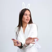 Эротический набор «Я твоя зайка»: ободок, наручники, повязка белый с серебристым 