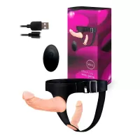 Женский страпон с 2 насадками, вибрацией и пультом ДУ телесный с черным 