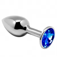 Серебристая анальная втулка с синим кристаллом Mini Metal Butt L - 9 см синий 