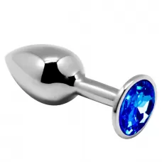 Серебристая анальная втулка с синим кристаллом Mini Metal Butt L - 9 см синий 