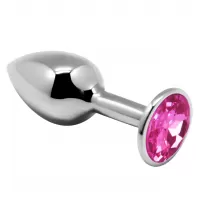 Серебристая анальная втулка с розовым кристаллом Mini Metal Butt L - 9 см розовый 