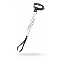 Черный узкий однослойный ошейник с серебристым поводком-цепочкой черный с серебристым 