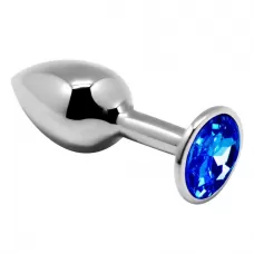 Серебристая анальная втулка с синим кристаллом Mini Metal Butt Plug Size M - 8 см синий 