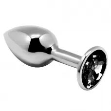 Серебристая анальная втулка с черным кристаллом Mini Metal Butt Plug Size M - 8 см черный 