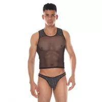 Мужской комплект: короткая майка и трусы-тонги в полоску черный L-XL