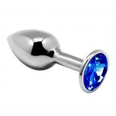 Серебристая анальная втулка с синим кристаллом Mini Metal Butt Plug Size S - 7 см синий 