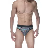 Серебристые блестящие мужские трусы-стринги серебристый L