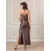 Длинная сорочка на узких бретелях с разрезом по ножке кофейный 46